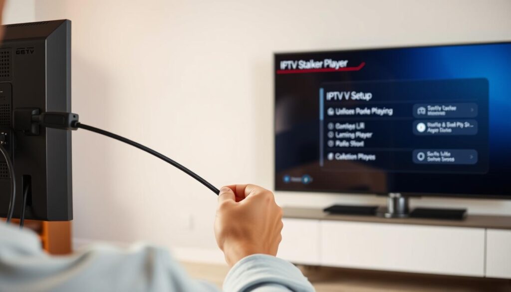 A high-quality, step-by-step smart TV installation process. In the foreground, a person's hands carefully connecting HDMI and power cables to the back of a sleek, modern smart TV. The middle ground shows the TV interface displaying the IPTV Stalker Player setup menu, with clear, intuitive navigation. The background depicts a minimalist, well-lit living room setting, creating a sense of a seamless, hassle-free smart TV integration. Soft, warm lighting and a clean, uncluttered composition convey a straightforward, user-friendly installation experience.