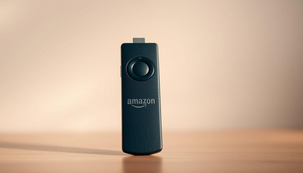 A high-resolution, detailed image of a Firestick media streaming device against a soft, blurred background. The Firestick is centered, shown from the front, with its USB and HDMI ports clearly visible. The device has a sleek, black matte finish and a subtle Amazon logo. The lighting is soft and diffused, creating a warm, inviting atmosphere. The composition emphasizes the Firestick as the central focus, suggesting its importance in the download process of the Best Streamz IPTV application.