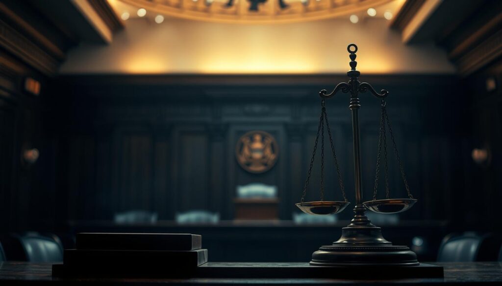 A serene, dimly lit courtroom setting with a focus on the judge's bench and scales of justice. Soft, diffused lighting casts a sense of solemn contemplation, while the background is slightly blurred to emphasize the central elements. The detailed wooden textures of the bench and the intricate metalwork of the scales convey a sense of timeless authority and gravitas. The overall atmosphere evokes the careful consideration of legal principles and the weighing of evidence to ensure safety and justice.