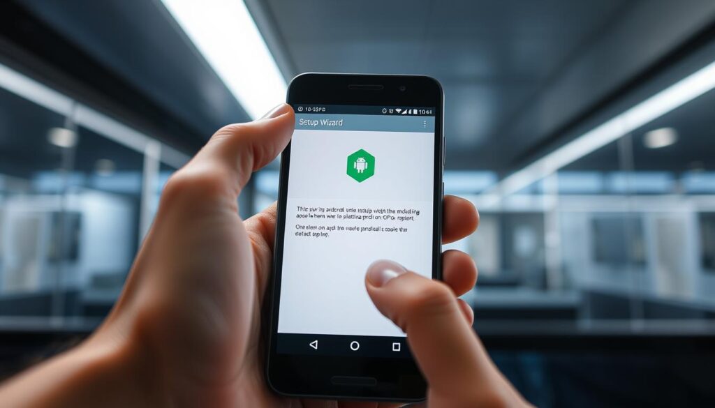 Step-by-step Android app installation process, showcasing a modern, minimalist style. Foreground depicts a smartphone screen displaying the Android setup wizard, with clean UI elements and intuitive navigation. Middleground features a hand interacting with the touchscreen, highlighting the tactile aspect of the installation. Background presents a sleek, high-tech environment with subtle, ambient lighting to convey a sense of refinement and professionalism. The overall composition emphasizes efficiency, user-friendliness, and the seamless integration of technology into everyday life.